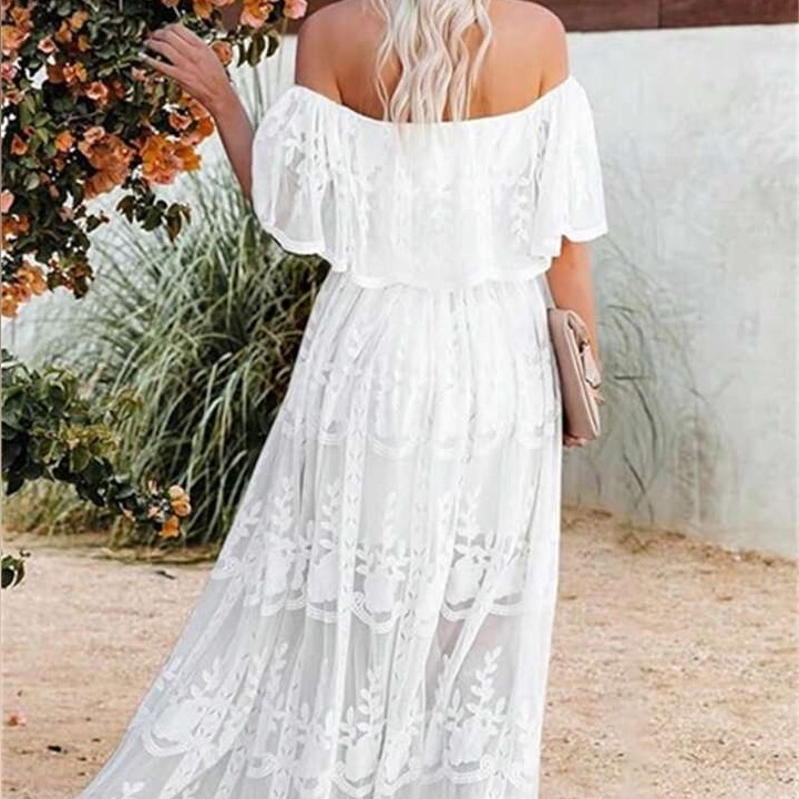 White Tiered Ruffle Women Off-The-Shoulder Evening Gown Dress Lace Floral Boho